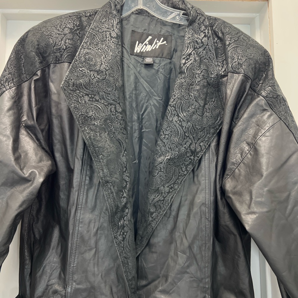 Vintage Winlit Leather Trench Coat Black Paisley Long Jacket Size M - Picture 3 of 8